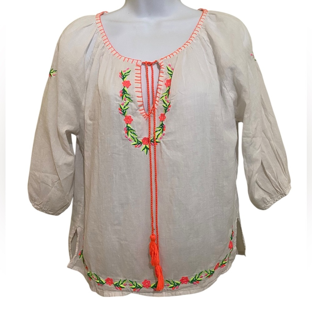 Peasant Bohemian Voile Sheer Cotton Embroidered Top Retro 70s Beachy Festival - Picture 2 of 12